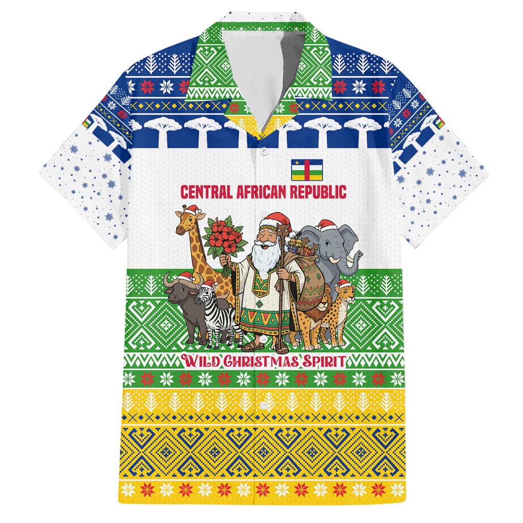 Central African Republic Christmas Hawaiian Shirt with Santa and Safari Animals Baobab Trees Snowflakes and Tribal Pattern - Wonder Print Shop