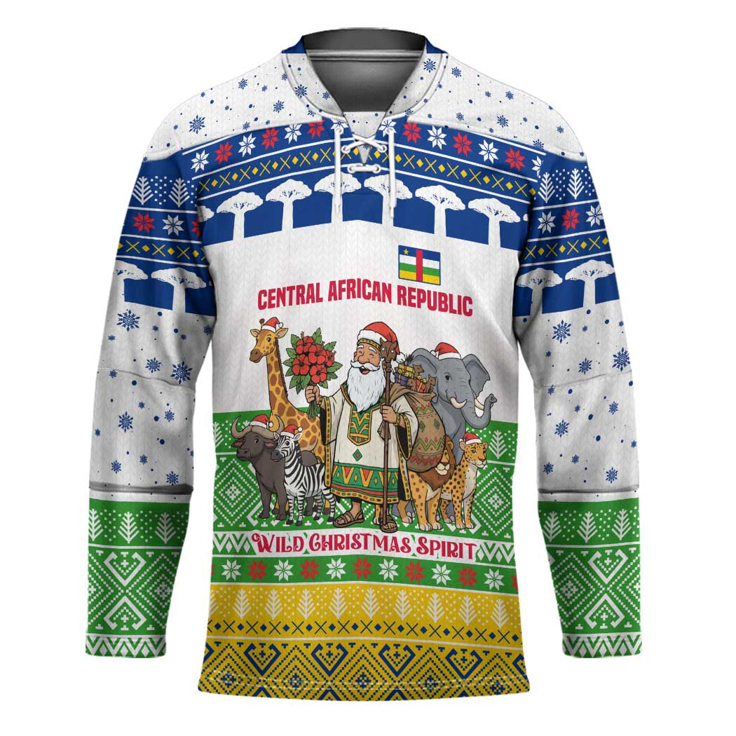 Central African Republic Christmas Hockey Jersey with Santa and Safari Animals Baobab Trees Snowflakes and Tribal Pattern - Wonder Print Shop