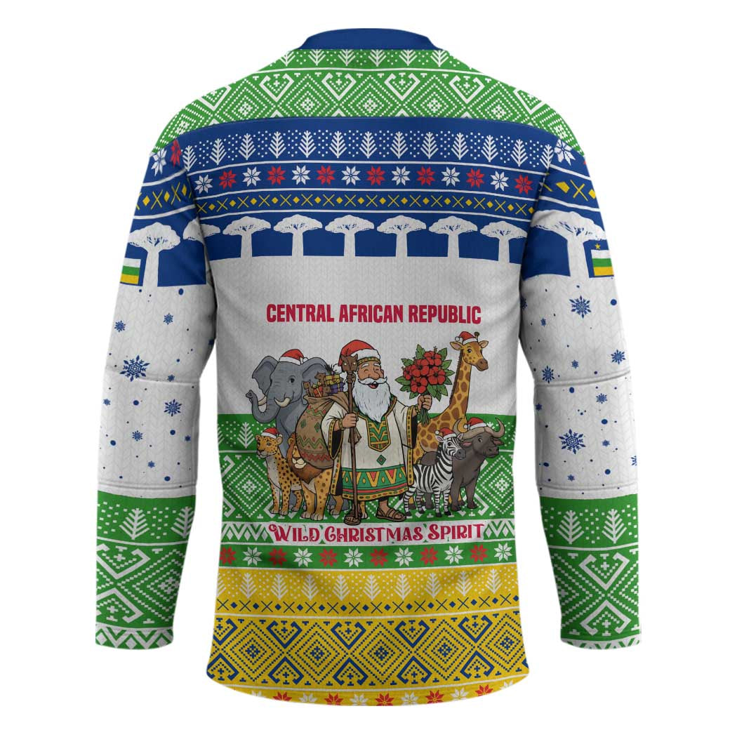 Central African Republic Christmas Hockey Jersey with Santa and Safari Animals Baobab Trees Snowflakes and Tribal Pattern - Wonder Print Shop