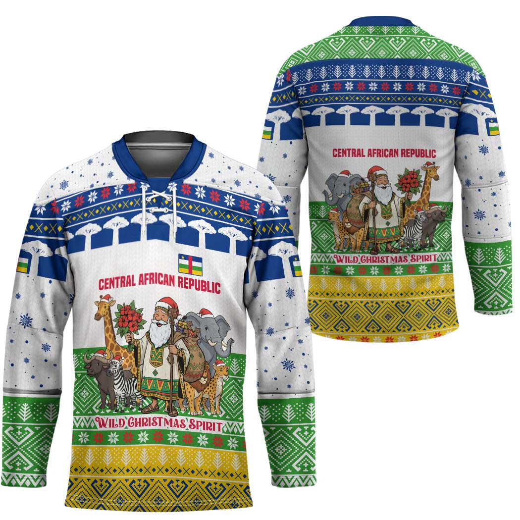 Central African Republic Christmas Hockey Jersey with Santa and Safari Animals Baobab Trees Snowflakes and Tribal Pattern - Wonder Print Shop