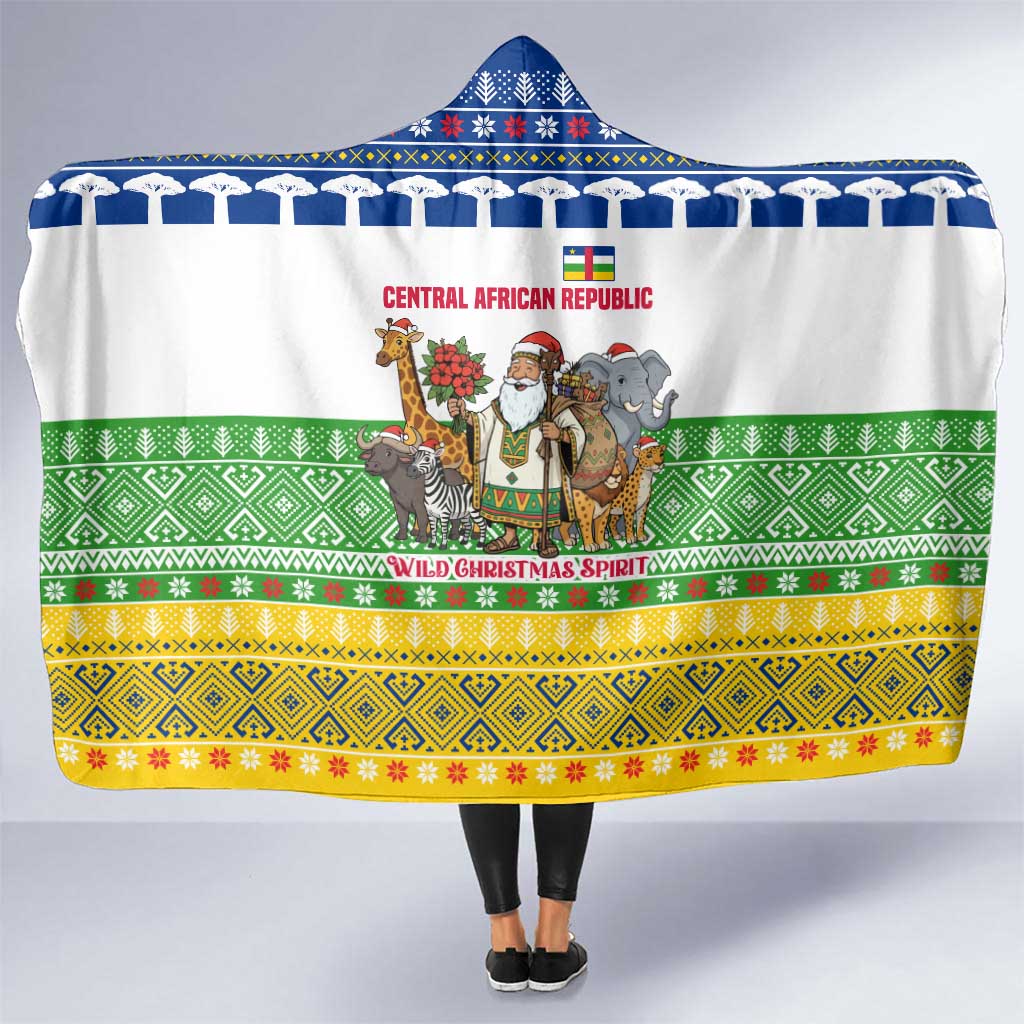 Central African Republic Christmas Hooded Blanket with Santa and Safari Animals Baobab Trees Snowflakes and Tribal Pattern - Wonder Print Shop