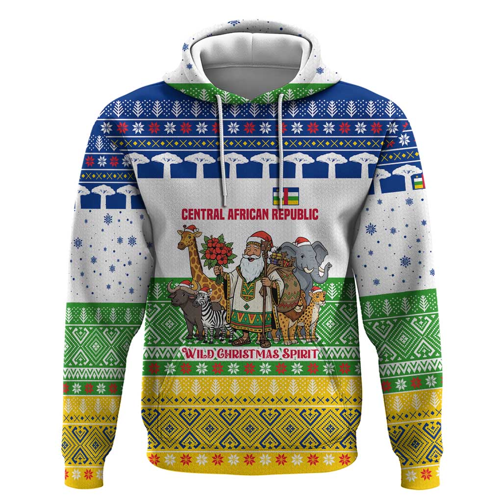 Central African Republic Christmas Hoodie with Santa and Safari Animals Baobab Trees Snowflakes and Tribal Pattern - Wonder Print Shop