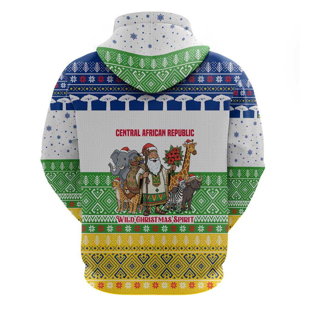 Central African Republic Christmas Hoodie with Santa and Safari Animals Baobab Trees Snowflakes and Tribal Pattern - Wonder Print Shop