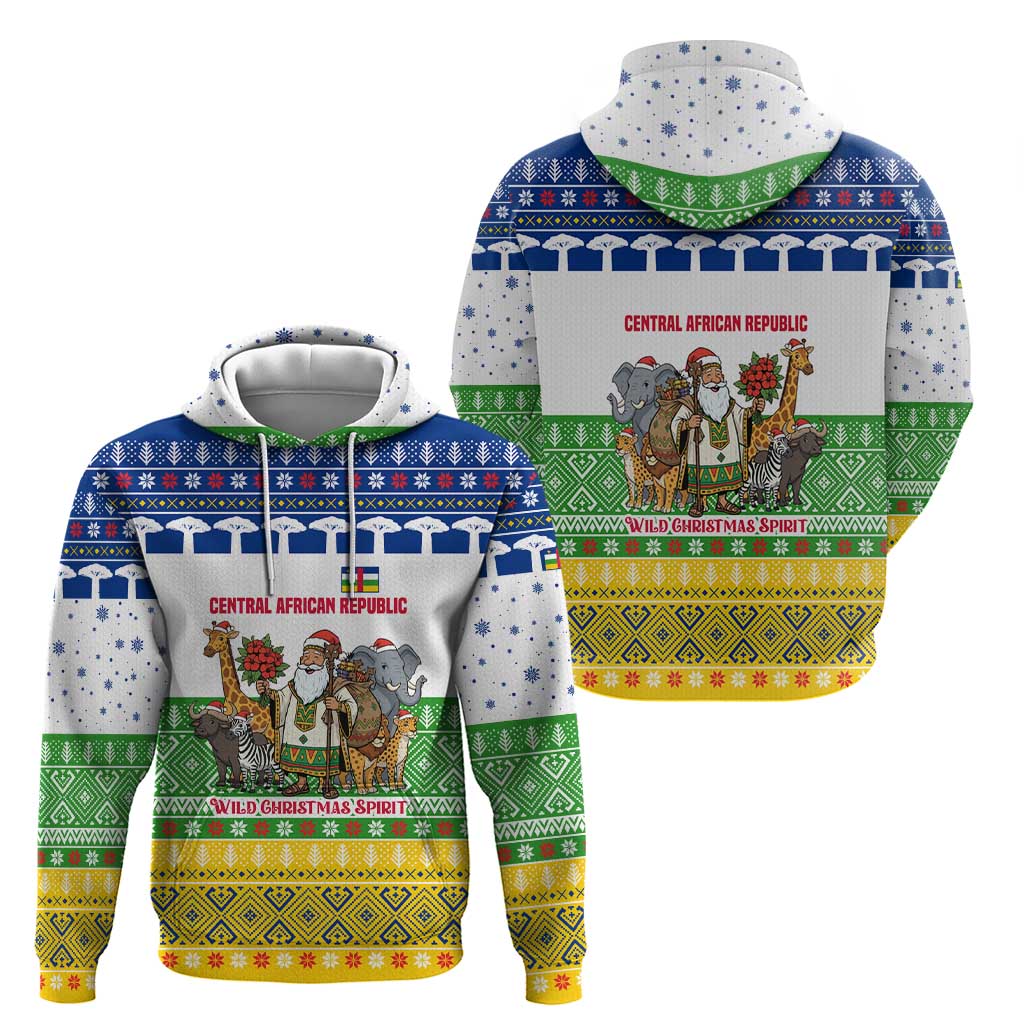 Central African Republic Christmas Hoodie with Santa and Safari Animals Baobab Trees Snowflakes and Tribal Pattern - Wonder Print Shop