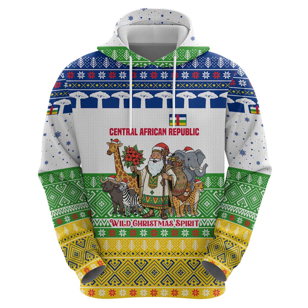 Central African Republic Christmas Hoodie with Santa and Safari Animals Baobab Trees Snowflakes and Tribal Pattern - Wonder Print Shop