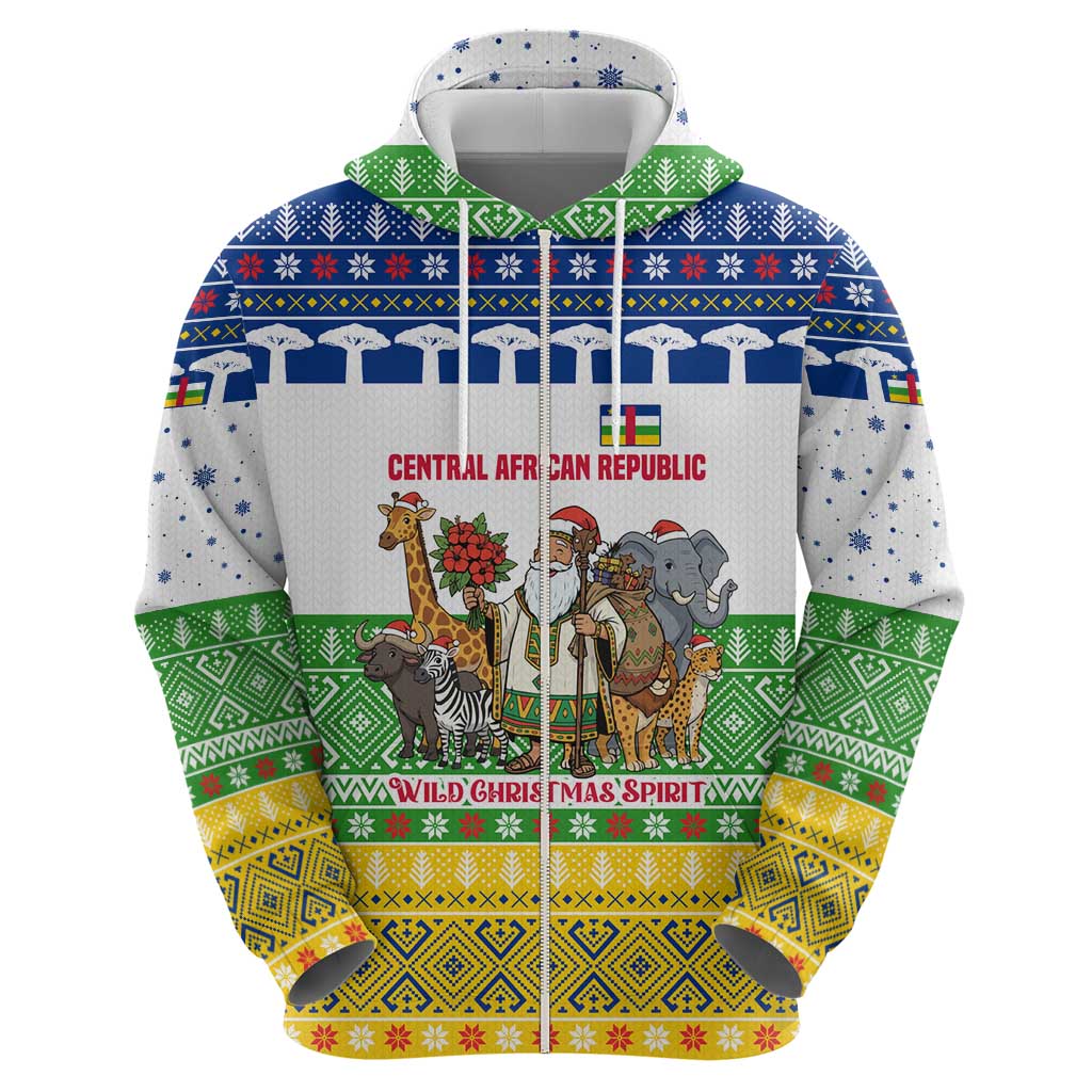 Central African Republic Christmas Hoodie with Santa and Safari Animals Baobab Trees Snowflakes and Tribal Pattern - Wonder Print Shop