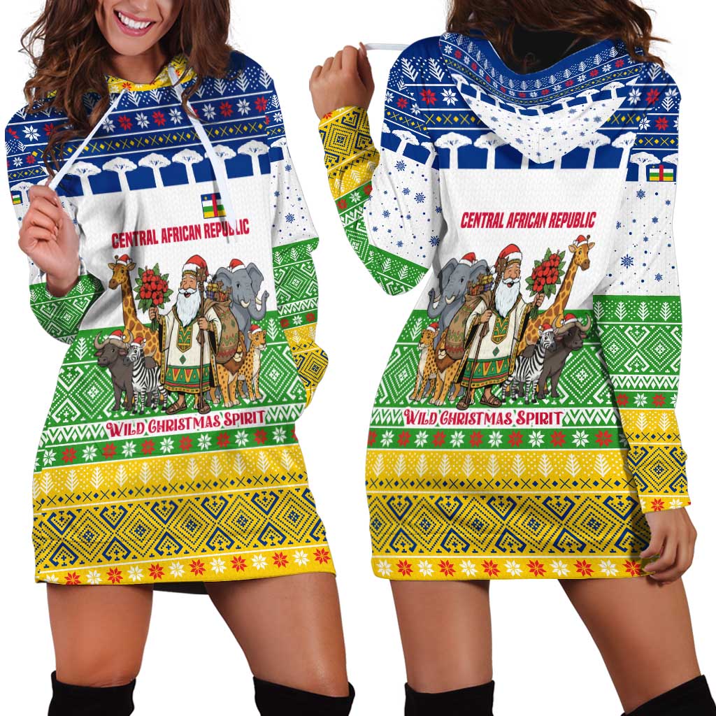Central African Republic Christmas Hoodie Dress with Santa and Safari Animals Baobab Trees Snowflakes and Tribal Pattern - Wonder Print Shop