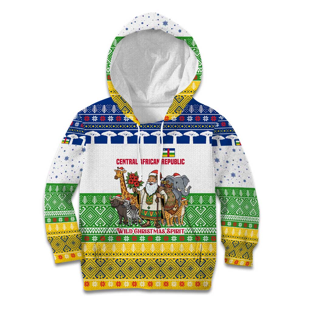 Central African Republic Christmas Kid Hoodie with Santa and Safari Animals Baobab Trees Snowflakes and Tribal Pattern - Wonder Print Shop