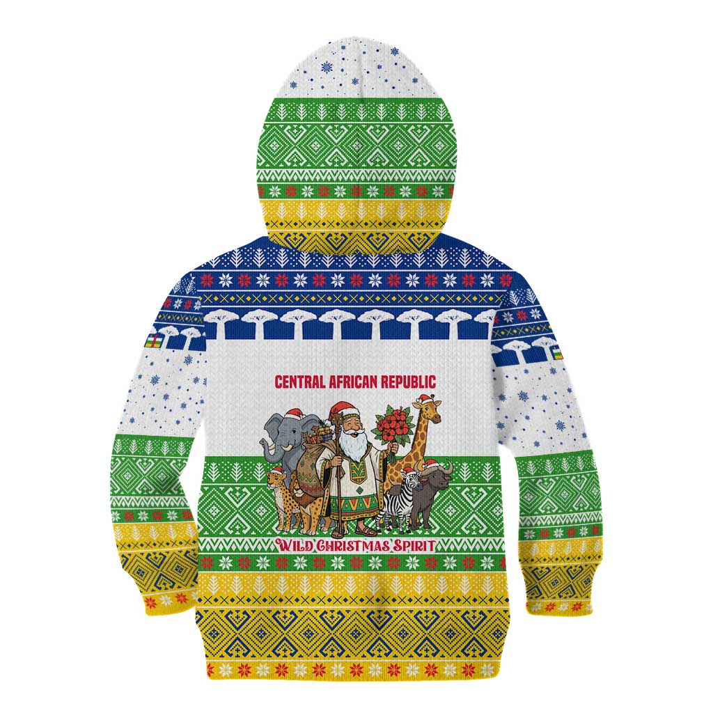 Central African Republic Christmas Kid Hoodie with Santa and Safari Animals Baobab Trees Snowflakes and Tribal Pattern - Wonder Print Shop