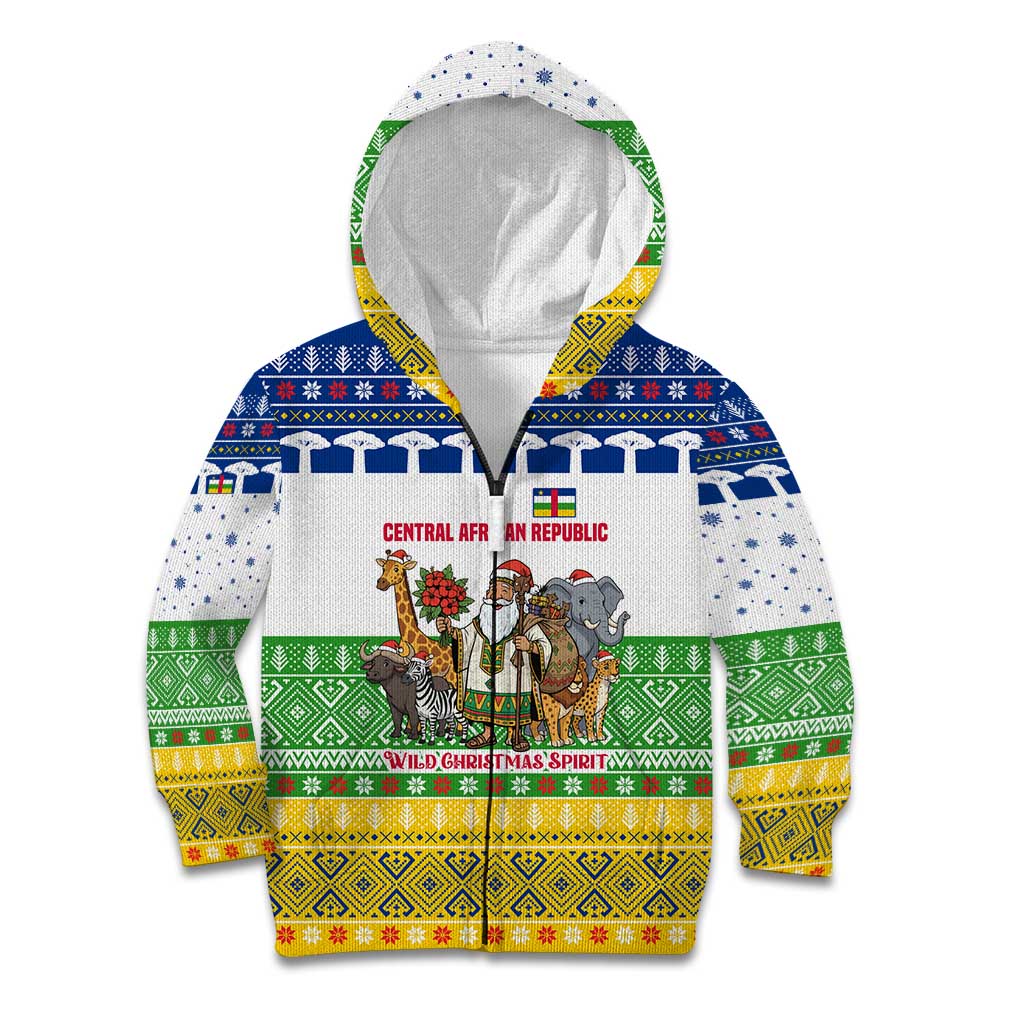Central African Republic Christmas Kid Hoodie with Santa and Safari Animals Baobab Trees Snowflakes and Tribal Pattern - Wonder Print Shop