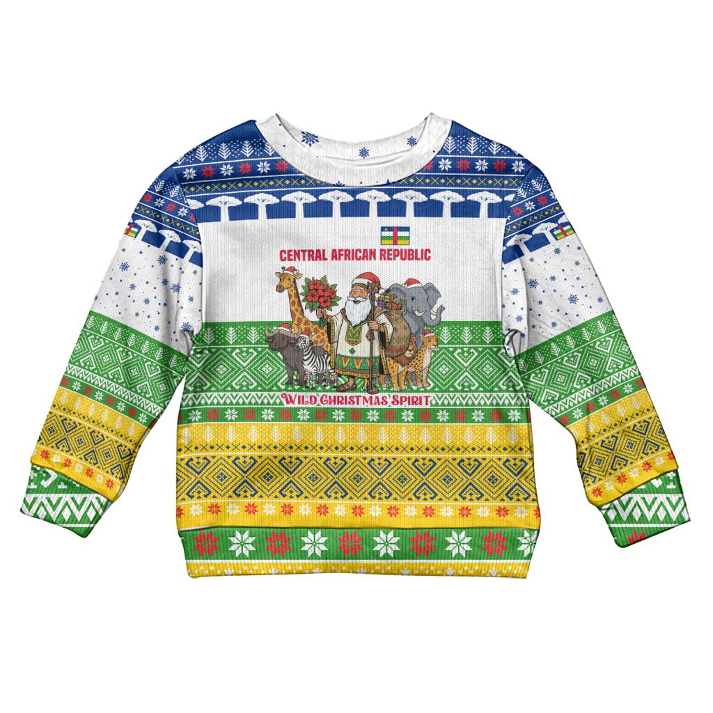 Central African Republic Christmas Kid Ugly Christmas Sweater with Santa and Safari Animals Baobab Trees Snowflakes and Tribal Pattern - Wonder Print Shop