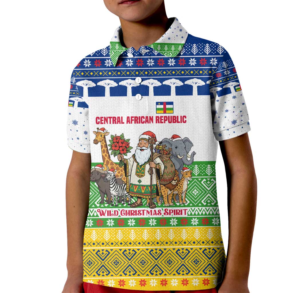 Central African Republic Christmas Kid Polo Shirt with Santa and Safari Animals Baobab Trees Snowflakes and Tribal Pattern - Wonder Print Shop