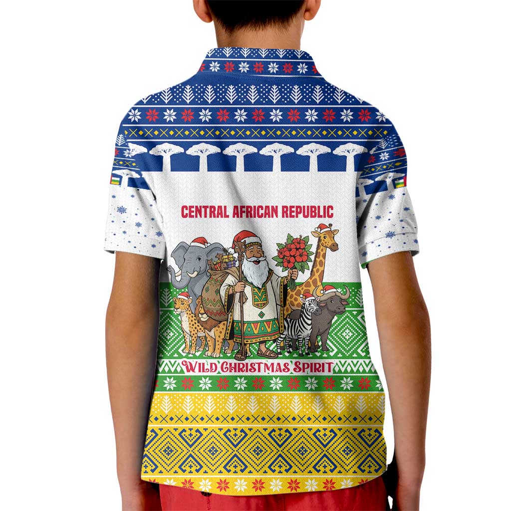 Central African Republic Christmas Kid Polo Shirt with Santa and Safari Animals Baobab Trees Snowflakes and Tribal Pattern - Wonder Print Shop