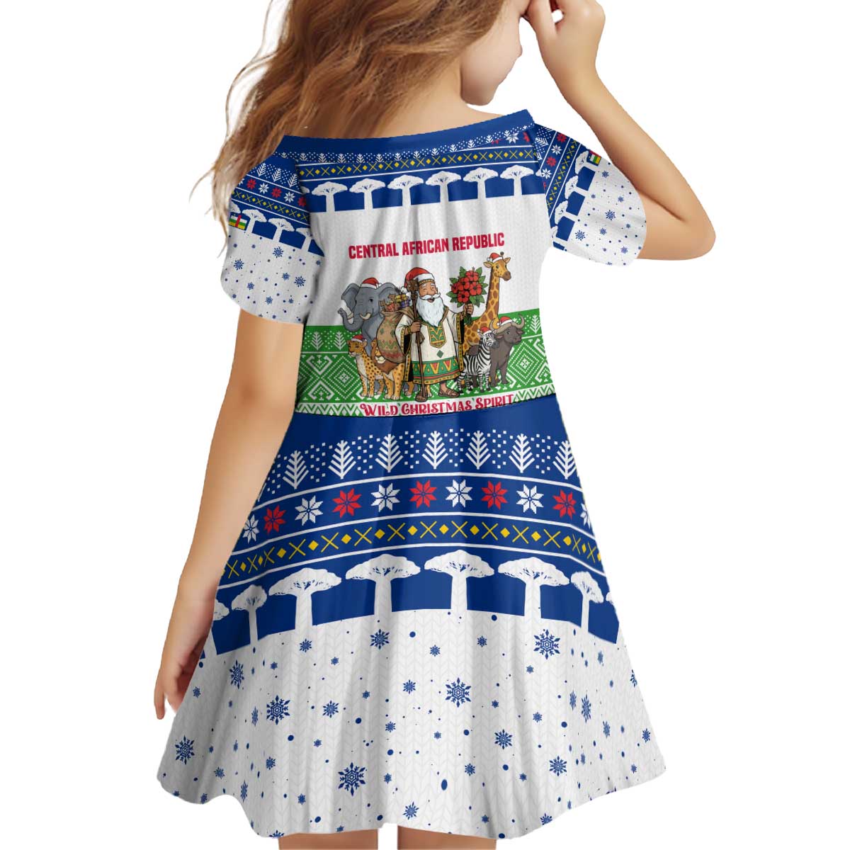 Central African Republic Christmas Kid Short Sleeve Dress with Santa and Safari Animals Baobab Trees Snowflakes and Tribal Pattern - Wonder Print Shop