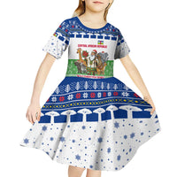 Central African Republic Christmas Kid Short Sleeve Dress with Santa and Safari Animals Baobab Trees Snowflakes and Tribal Pattern - Wonder Print Shop