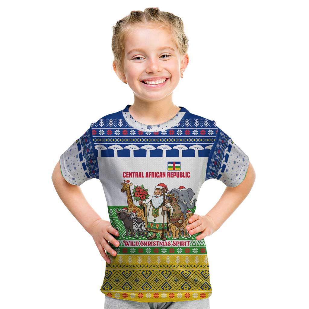 Central African Republic Christmas Kid T Shirt with Santa and Safari Animals Baobab Trees Snowflakes and Tribal Pattern - Wonder Print Shop