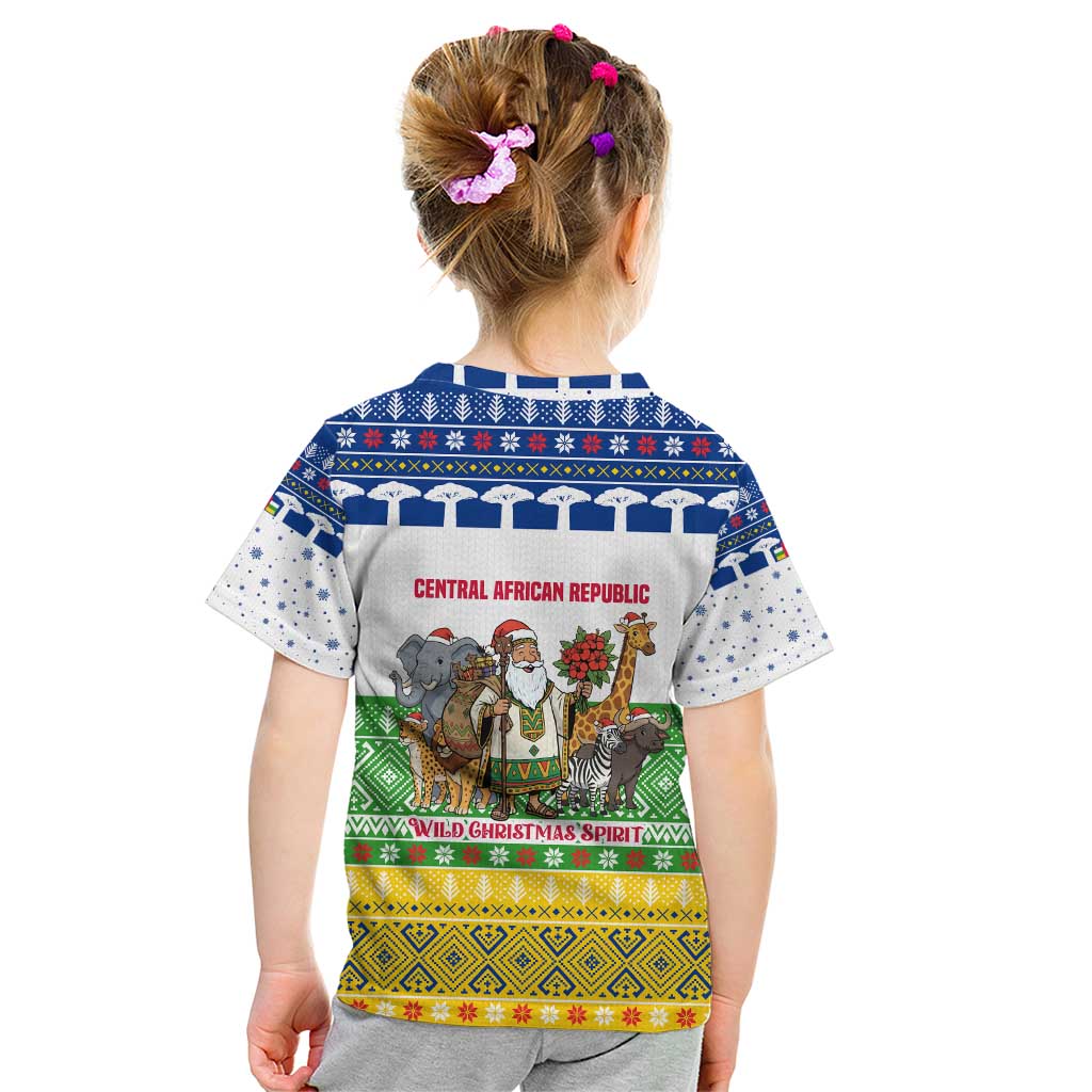 Central African Republic Christmas Kid T Shirt with Santa and Safari Animals Baobab Trees Snowflakes and Tribal Pattern - Wonder Print Shop