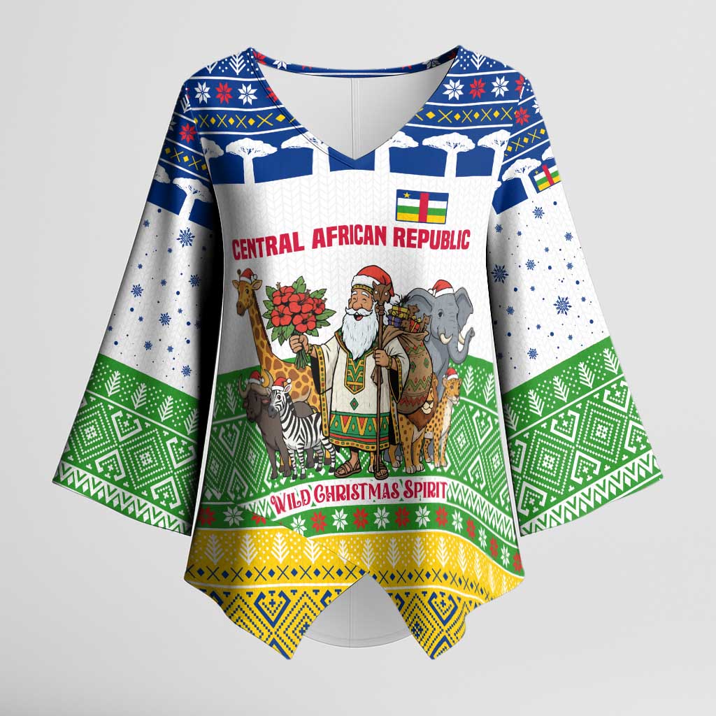 Central African Republic Christmas Kimono Sleeve Blouse with Santa and Safari Animals Baobab Trees Snowflakes and Tribal Pattern - Wonder Print Shop