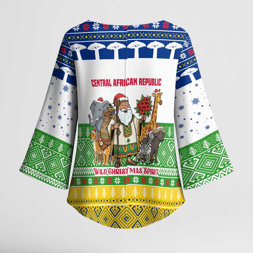 Central African Republic Christmas Kimono Sleeve Blouse with Santa and Safari Animals Baobab Trees Snowflakes and Tribal Pattern - Wonder Print Shop