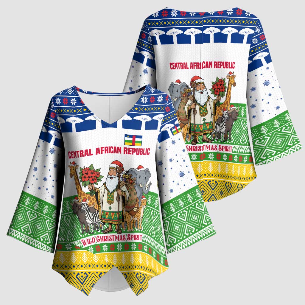 Central African Republic Christmas Kimono Sleeve Blouse with Santa and Safari Animals Baobab Trees Snowflakes and Tribal Pattern - Wonder Print Shop