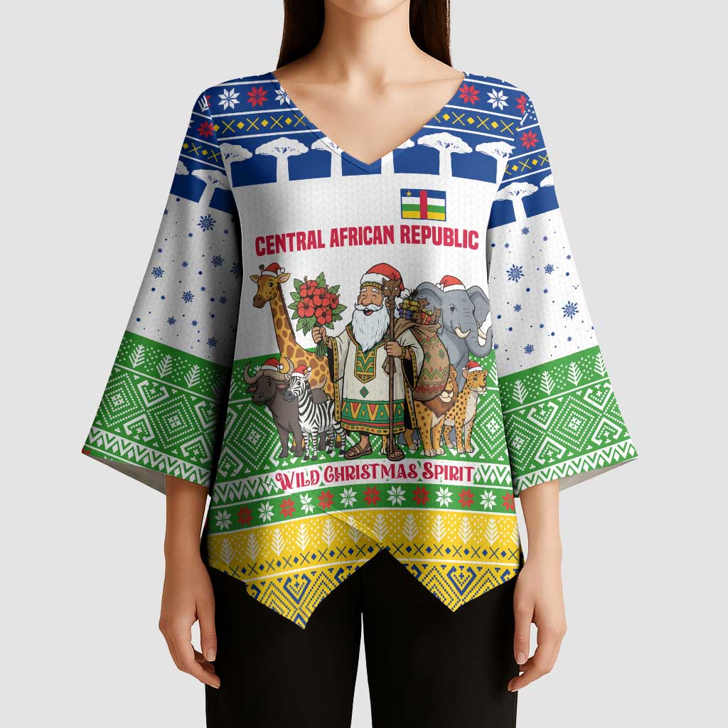 Central African Republic Christmas Kimono Sleeve Blouse with Santa and Safari Animals Baobab Trees Snowflakes and Tribal Pattern - Wonder Print Shop