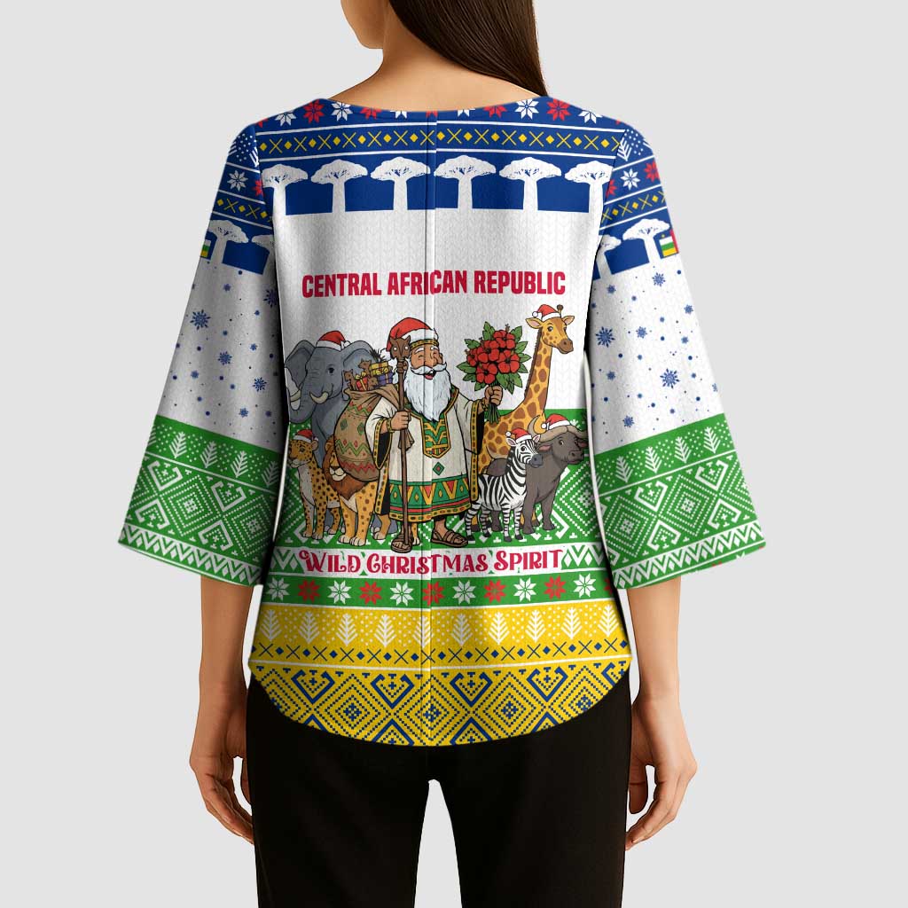 Central African Republic Christmas Kimono Sleeve Blouse with Santa and Safari Animals Baobab Trees Snowflakes and Tribal Pattern - Wonder Print Shop