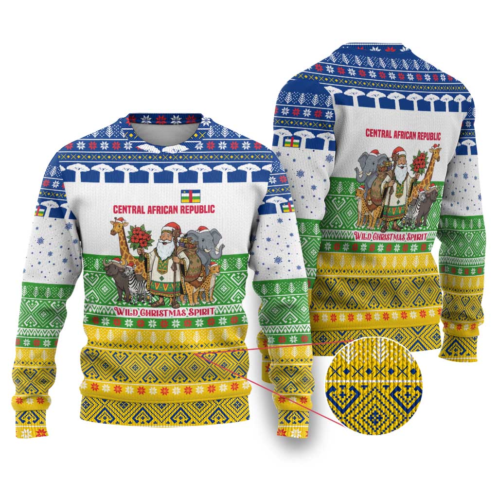 Central African Republic Christmas Ugly Christmas Sweater with Santa and Safari Animals Baobab Trees Snowflakes and Tribal Pattern - Wonder Print Shop