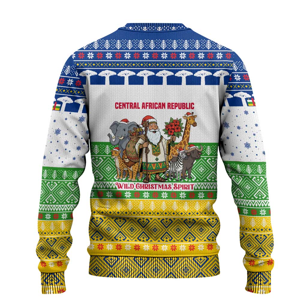 Central African Republic Christmas Ugly Christmas Sweater with Santa and Safari Animals Baobab Trees Snowflakes and Tribal Pattern - Wonder Print Shop