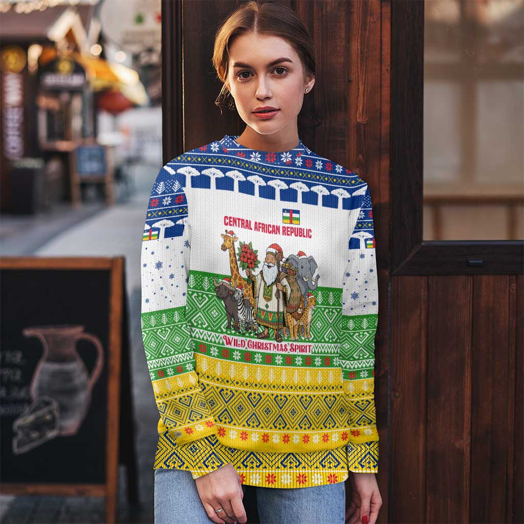 Central African Republic Christmas Ugly Christmas Sweater with Santa and Safari Animals Baobab Trees Snowflakes and Tribal Pattern - Wonder Print Shop