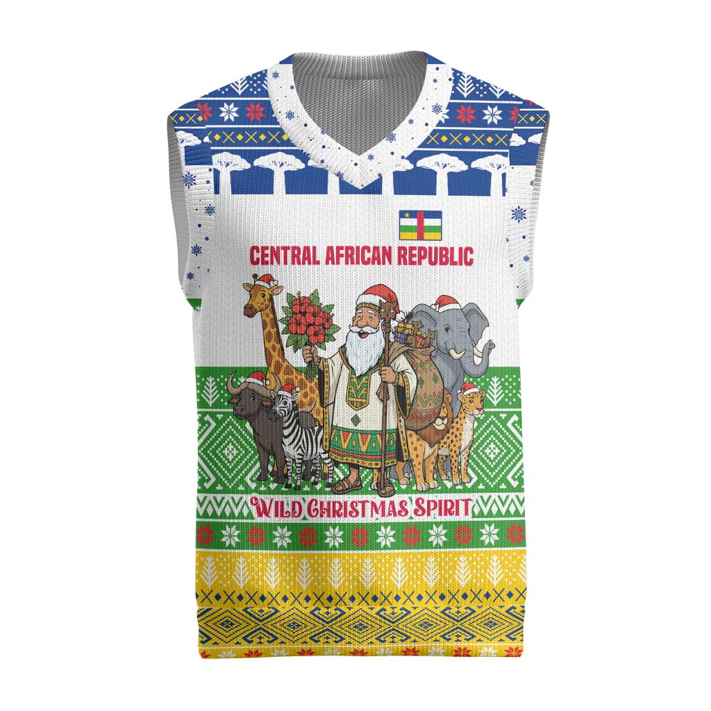 Central African Republic Christmas Knitted V-Neck Vest with Santa and Safari Animals Baobab Trees Snowflakes and Tribal Pattern - Wonder Print Shop
