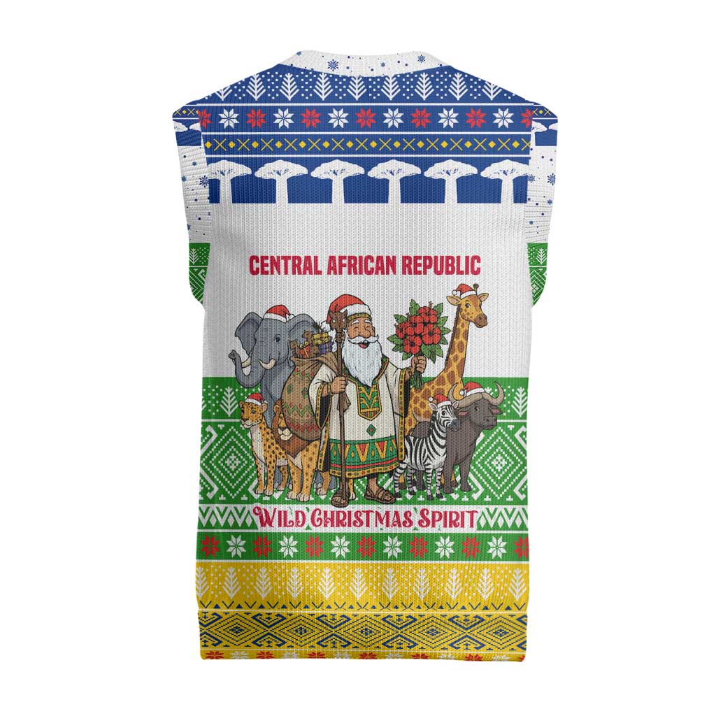 Central African Republic Christmas Knitted V-Neck Vest with Santa and Safari Animals Baobab Trees Snowflakes and Tribal Pattern - Wonder Print Shop