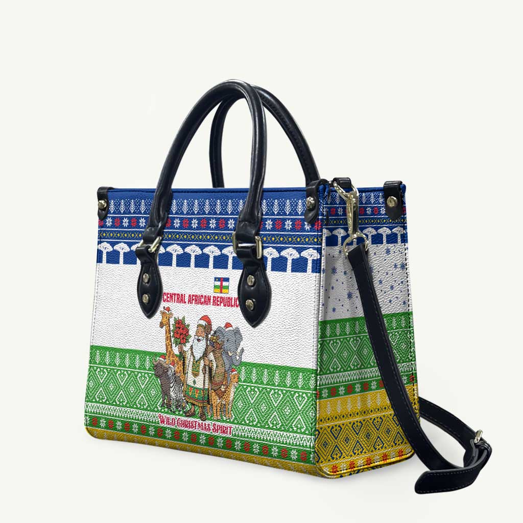 Central African Republic Christmas Leather Bag with Santa and Safari Animals Baobab Trees Snowflakes and Tribal Pattern - Wonder Print Shop