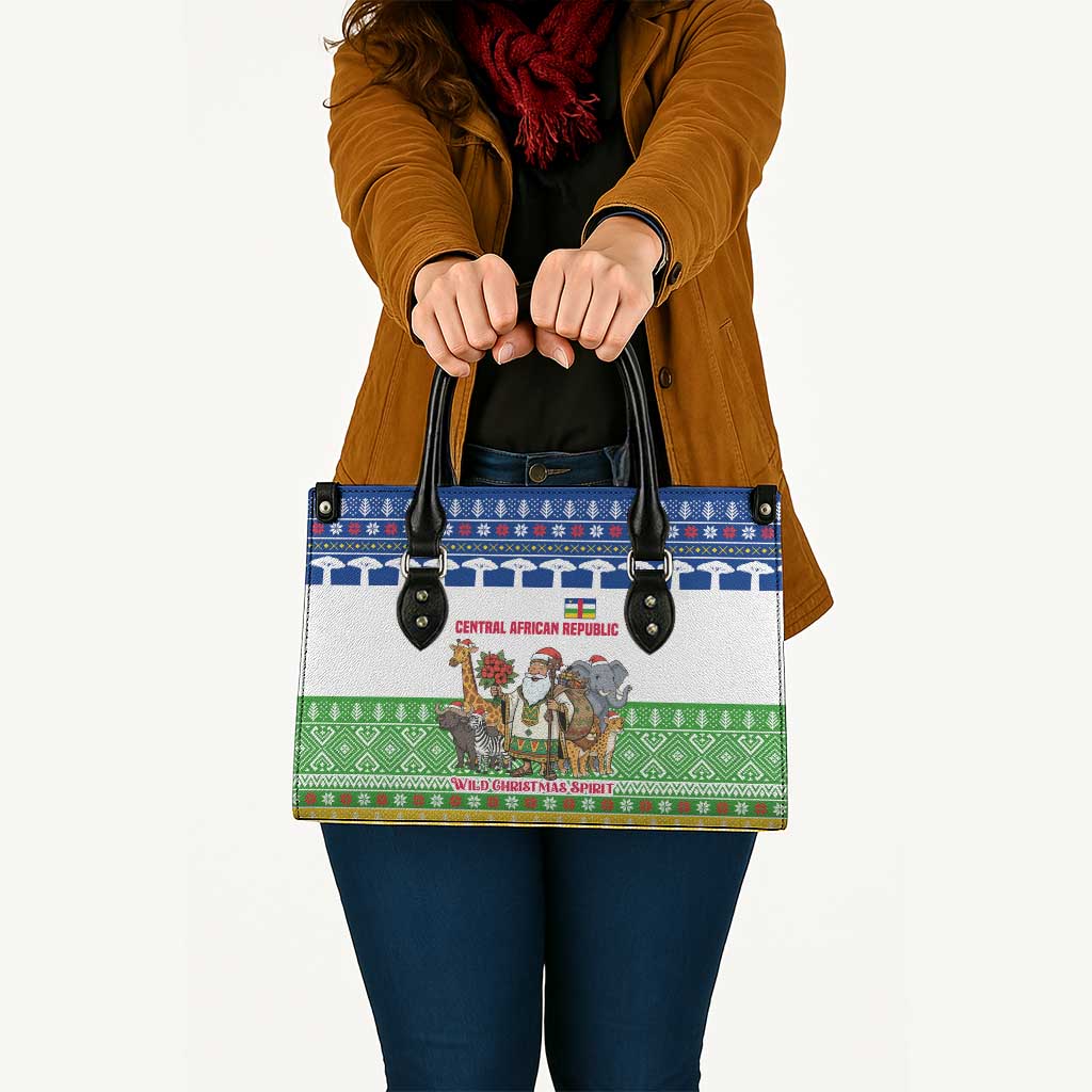 Central African Republic Christmas Leather Bag with Santa and Safari Animals Baobab Trees Snowflakes and Tribal Pattern - Wonder Print Shop