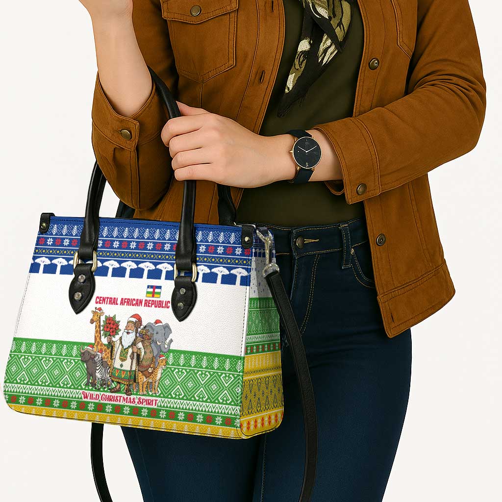 Central African Republic Christmas Leather Bag with Santa and Safari Animals Baobab Trees Snowflakes and Tribal Pattern - Wonder Print Shop
