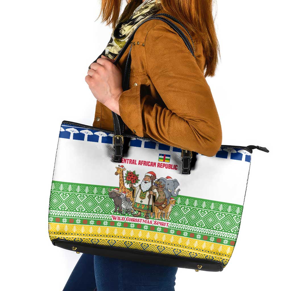 Central African Republic Christmas Leather Tote Bag with Santa and Safari Animals Baobab Trees Snowflakes and Tribal Pattern - Wonder Print Shop