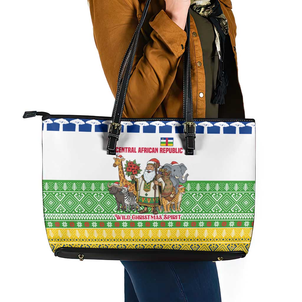Central African Republic Christmas Leather Tote Bag with Santa and Safari Animals Baobab Trees Snowflakes and Tribal Pattern - Wonder Print Shop