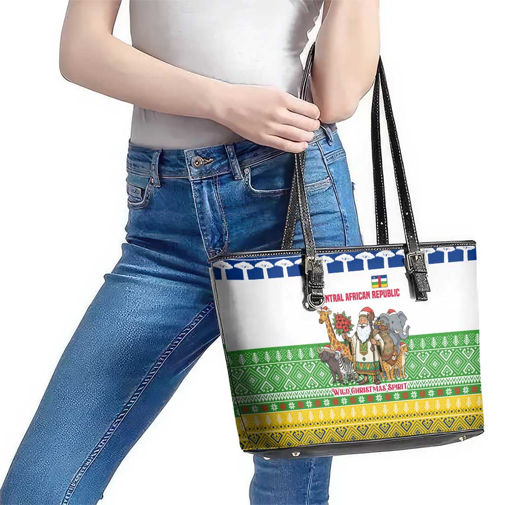 Central African Republic Christmas Leather Tote Bag with Santa and Safari Animals Baobab Trees Snowflakes and Tribal Pattern - Wonder Print Shop