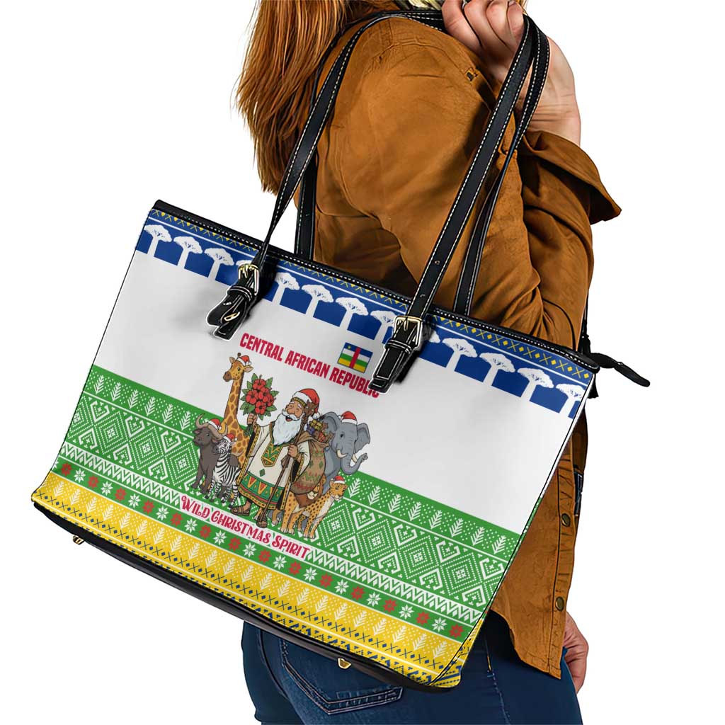 Central African Republic Christmas Leather Tote Bag with Santa and Safari Animals Baobab Trees Snowflakes and Tribal Pattern - Wonder Print Shop