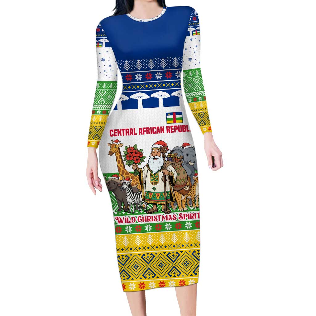 Central African Republic Christmas Long Sleeve Bodycon Dress with Santa and Safari Animals Baobab Trees Snowflakes and Tribal Pattern - Wonder Print Shop