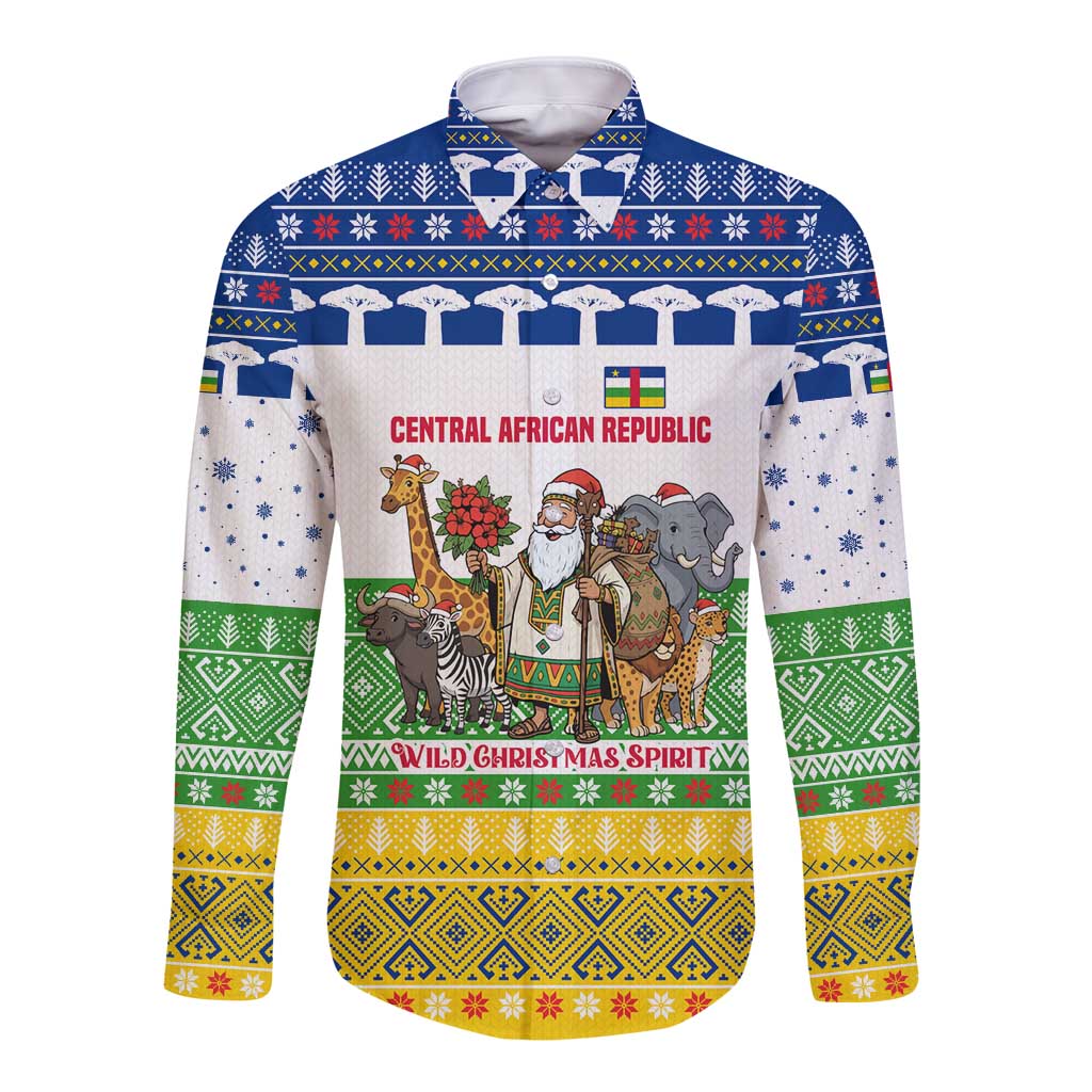Central African Republic Christmas Long Sleeve Button Shirt with Santa and Safari Animals Baobab Trees Snowflakes and Tribal Pattern - Wonder Print Shop