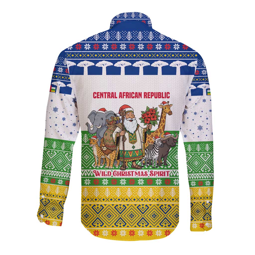 Central African Republic Christmas Long Sleeve Button Shirt with Santa and Safari Animals Baobab Trees Snowflakes and Tribal Pattern - Wonder Print Shop