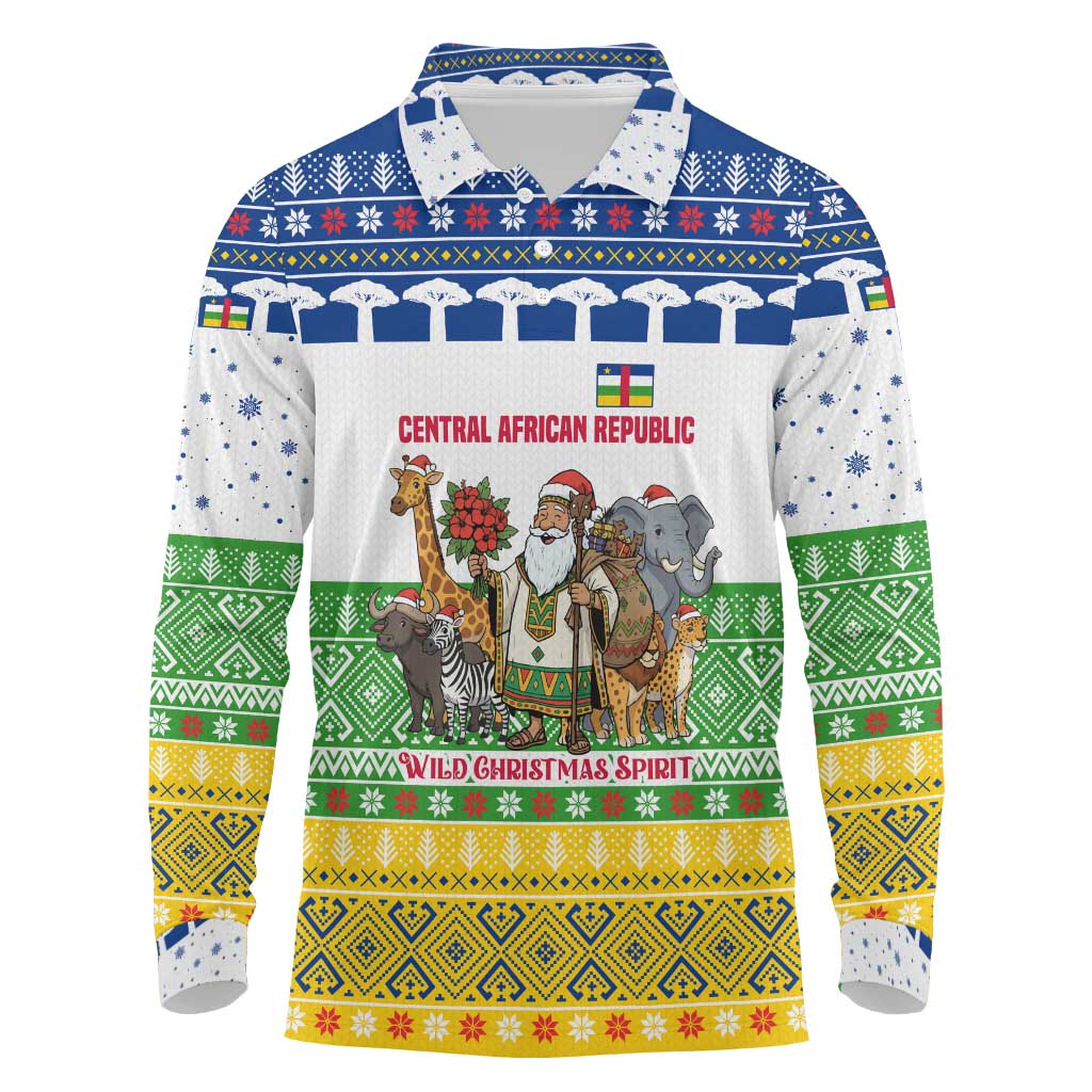Central African Republic Christmas Long Sleeve Polo Shirt with Santa and Safari Animals Baobab Trees Snowflakes and Tribal Pattern - Wonder Print Shop