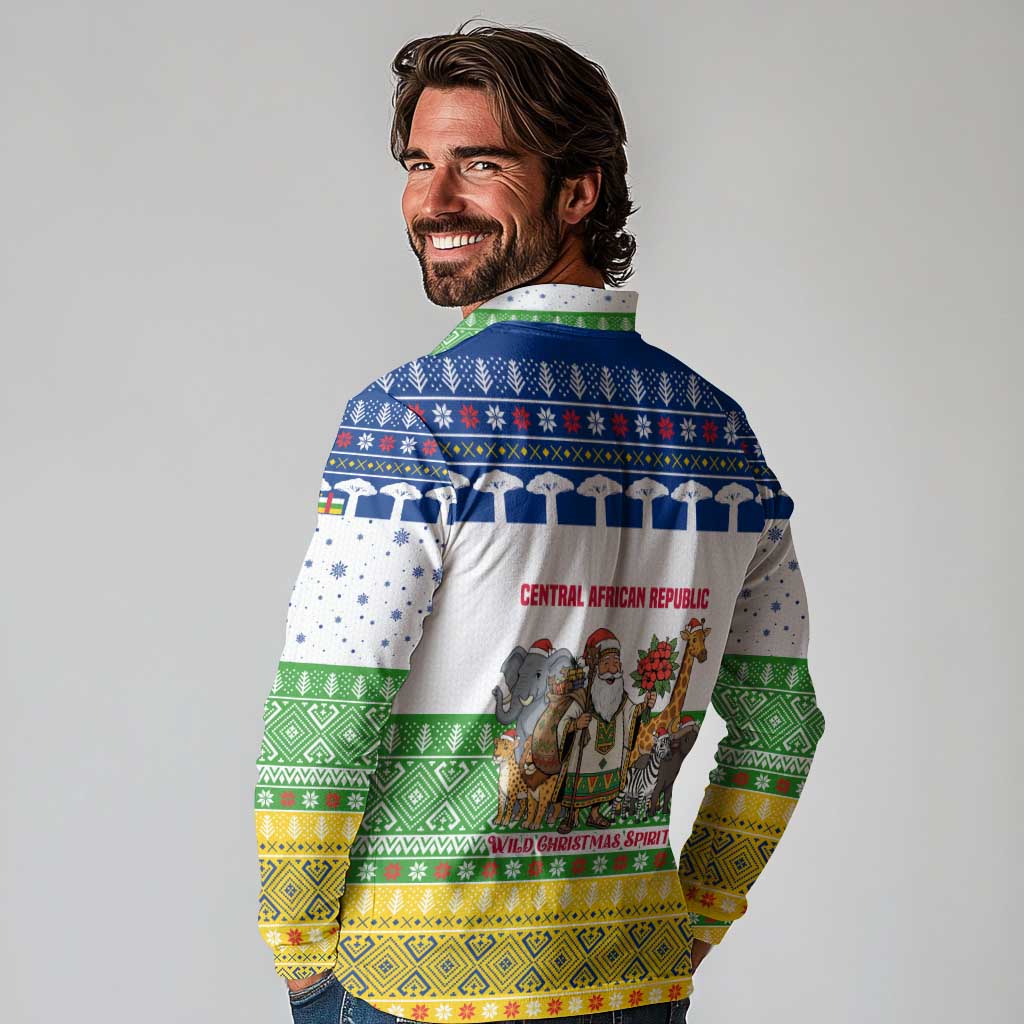 Central African Republic Christmas Long Sleeve Polo Shirt with Santa and Safari Animals Baobab Trees Snowflakes and Tribal Pattern - Wonder Print Shop