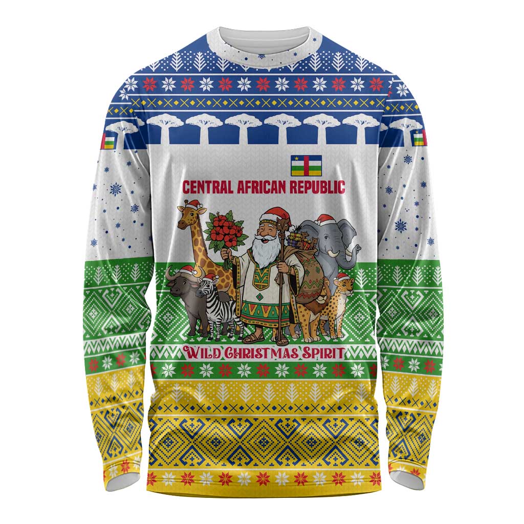 Central African Republic Christmas Long Sleeve Shirt with Santa and Safari Animals Baobab Trees Snowflakes and Tribal Pattern - Wonder Print Shop