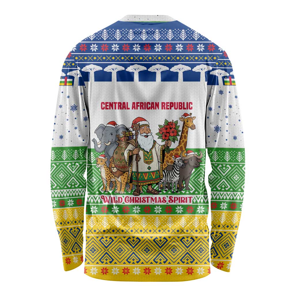 Central African Republic Christmas Long Sleeve Shirt with Santa and Safari Animals Baobab Trees Snowflakes and Tribal Pattern - Wonder Print Shop