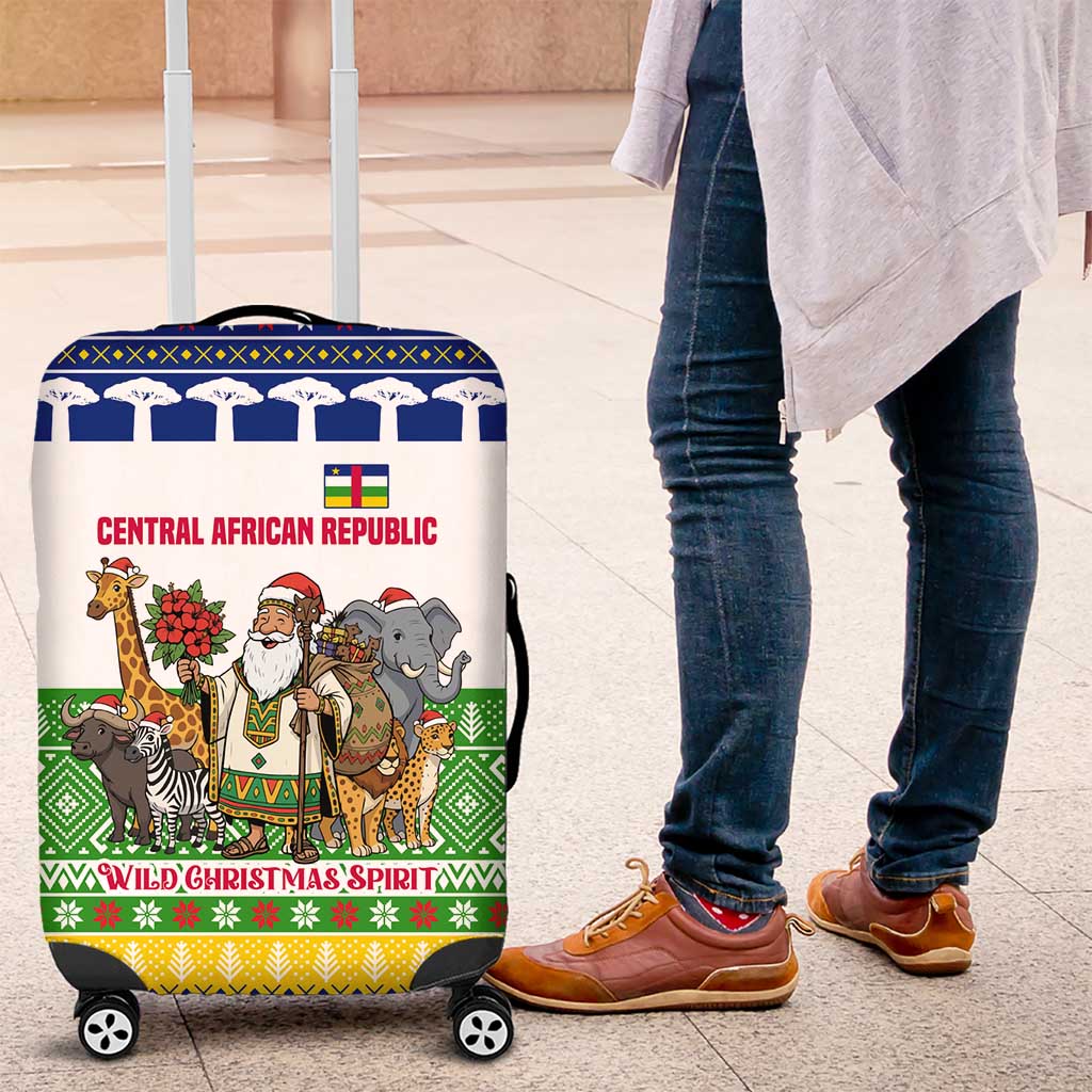 Central African Republic Christmas Luggage Cover with Santa and Safari Animals Baobab Trees Snowflakes and Tribal Pattern - Wonder Print Shop