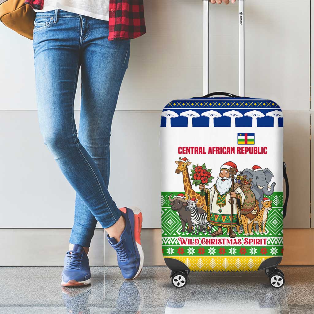 Central African Republic Christmas Luggage Cover with Santa and Safari Animals Baobab Trees Snowflakes and Tribal Pattern - Wonder Print Shop