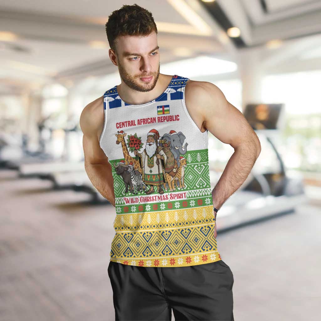 Central African Republic Christmas Men Tank Top with Santa and Safari Animals Baobab Trees Snowflakes and Tribal Pattern - Wonder Print Shop