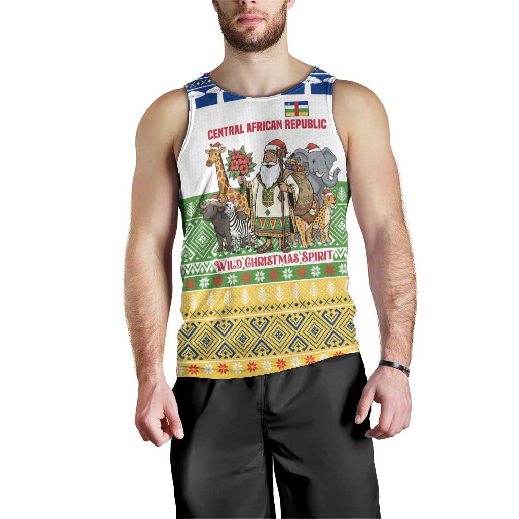 Central African Republic Christmas Men Tank Top with Santa and Safari Animals Baobab Trees Snowflakes and Tribal Pattern - Wonder Print Shop