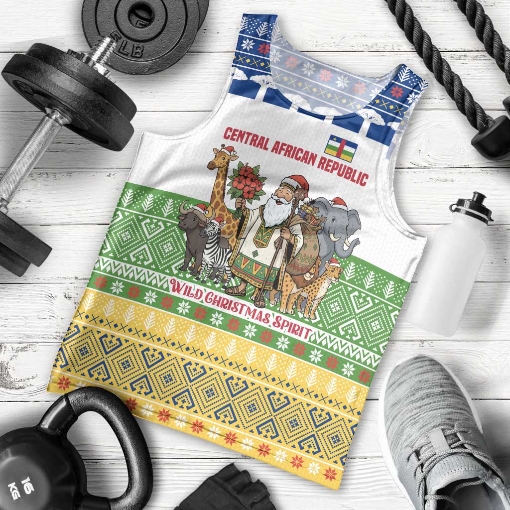 Central African Republic Christmas Men Tank Top with Santa and Safari Animals Baobab Trees Snowflakes and Tribal Pattern - Wonder Print Shop